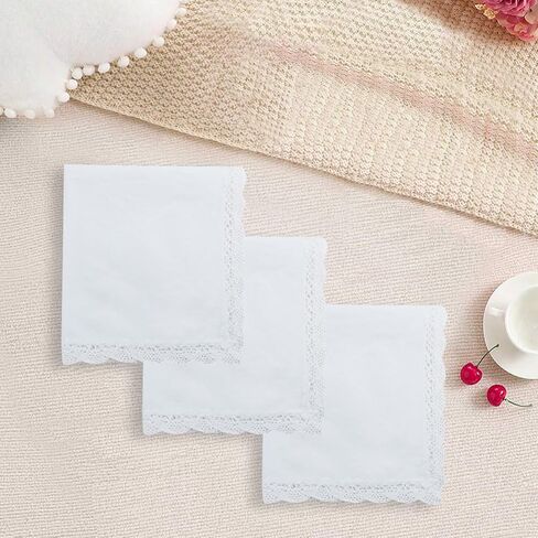 3 PCS Pure Cotton Handkerchiefs for Women, White Ladies Hankies with Lace Design, Soft Lace Handkerchiefs for Women for Wedding, Bride Celebration & Daily Use in Saudi Arabia