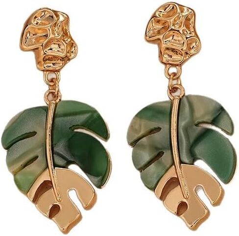 Monstera Leaf Tropical Flower Stud Drop Dangle Earrings For Women Statement Boho Green Gold Colors Lightweight Comfort Wear Everyday Style in Saudi Arabia