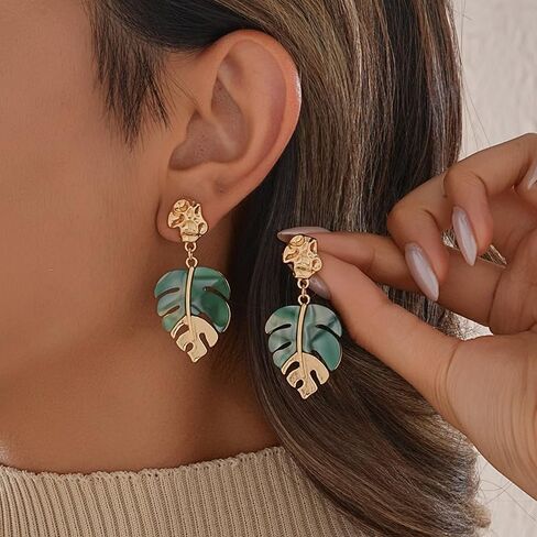 Monstera Leaf Tropical Flower Stud Drop Dangle Earrings For Women Statement Boho Green Gold Colors Lightweight Comfort Wear Everyday Style in Saudi Arabia