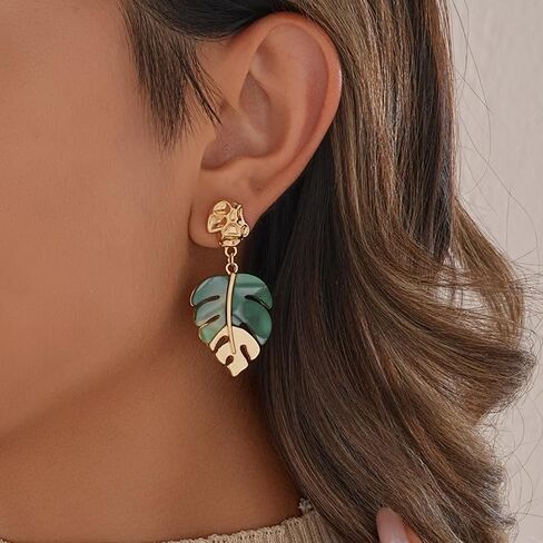 Monstera Leaf Tropical Flower Stud Drop Dangle Earrings For Women Statement Boho Green Gold Colors Lightweight Comfort Wear Everyday Style in Saudi Arabia