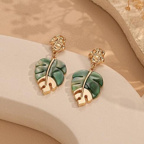 Monstera Leaf Tropical Flower Stud Drop Dangle Earrings For Women Statement Boho Green Gold Colors Lightweight Comfort Wear Everyday Style in Saudi Arabia