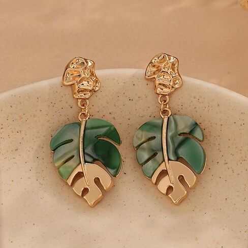 Monstera Leaf Tropical Flower Stud Drop Dangle Earrings For Women Statement Boho Green Gold Colors Lightweight Comfort Wear Everyday Style in Saudi Arabia