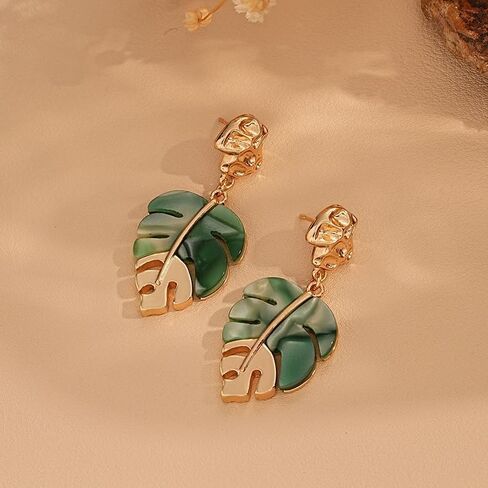 Monstera Leaf Tropical Flower Stud Drop Dangle Earrings For Women Statement Boho Green Gold Colors Lightweight Comfort Wear Everyday Style in Saudi Arabia