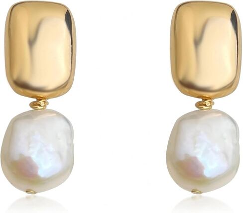 Baroque Pearl Drop Earrings, Gold Plated Square Stud with Freshwater Pearl Dangle, Elegant Women's Jewelry in Kuwait