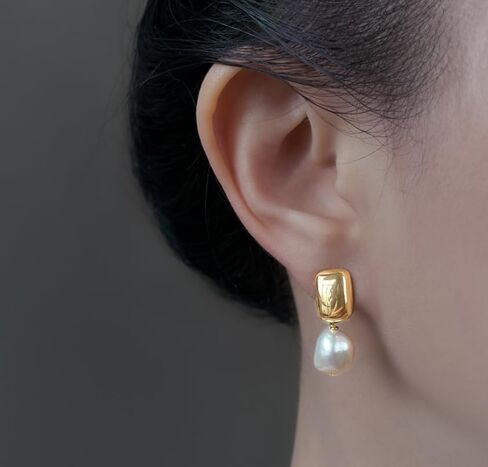 Baroque Pearl Drop Earrings, Gold Plated Square Stud with Freshwater Pearl Dangle, Elegant Women's Jewelry in Kuwait