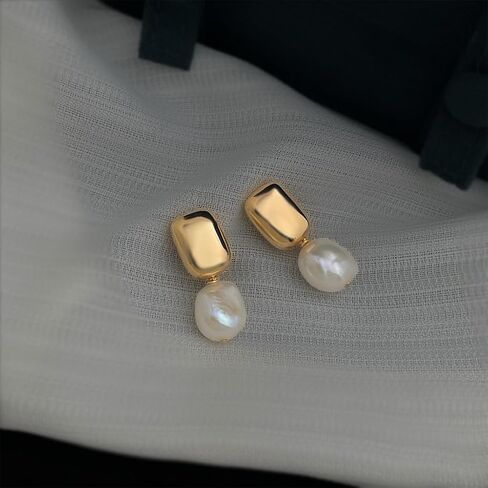 Baroque Pearl Drop Earrings, Gold Plated Square Stud with Freshwater Pearl Dangle, Elegant Women's Jewelry in Kuwait