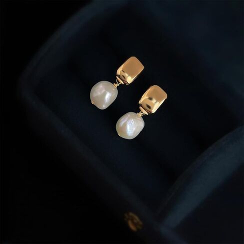 Baroque Pearl Drop Earrings, Gold Plated Square Stud with Freshwater Pearl Dangle, Elegant Women's Jewelry in Kuwait