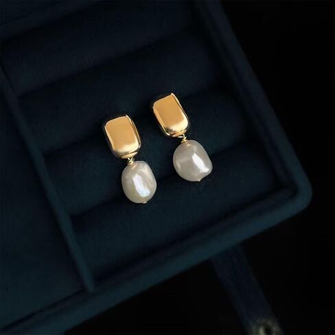 Baroque Pearl Drop Earrings, Gold Plated Square Stud with Freshwater Pearl Dangle, Elegant Women's Jewelry in Kuwait