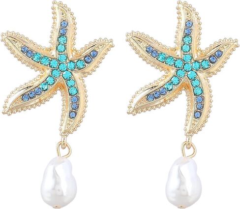 Starfish Earrings for Women, Gold Ocean Beach Dangle Earrings with Baroque Pearl Drop, Summer Vacation Jewelry Gift for Her in Saudi Arabia