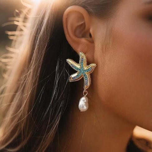 Starfish Earrings for Women, Gold Ocean Beach Dangle Earrings with Baroque Pearl Drop, Summer Vacation Jewelry Gift for Her in Saudi Arabia