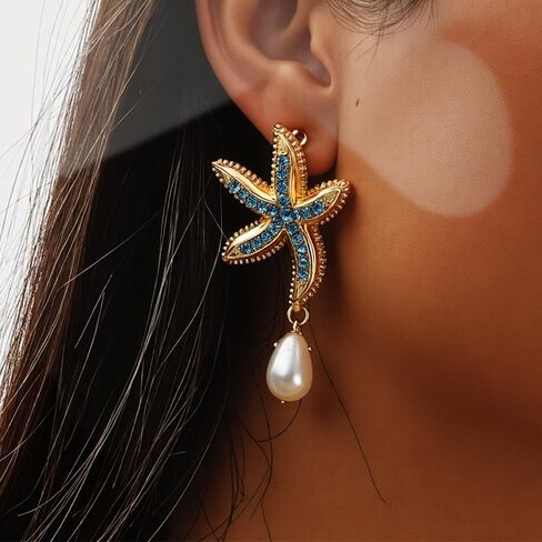 Starfish Earrings for Women, Gold Ocean Beach Dangle Earrings with Baroque Pearl Drop, Summer Vacation Jewelry Gift for Her in Saudi Arabia