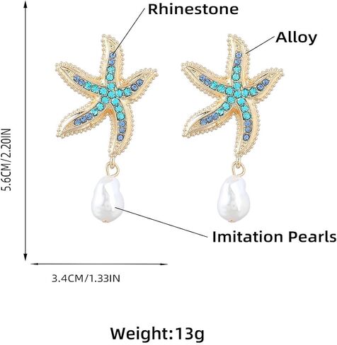 Starfish Earrings for Women, Gold Ocean Beach Dangle Earrings with Baroque Pearl Drop, Summer Vacation Jewelry Gift for Her in Saudi Arabia
