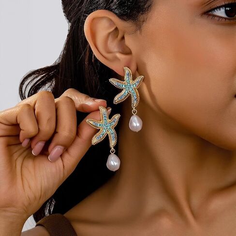Starfish Earrings for Women, Gold Ocean Beach Dangle Earrings with Baroque Pearl Drop, Summer Vacation Jewelry Gift for Her in Saudi Arabia