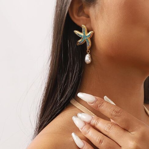 Starfish Earrings for Women, Gold Ocean Beach Dangle Earrings with Baroque Pearl Drop, Summer Vacation Jewelry Gift for Her in Saudi Arabia