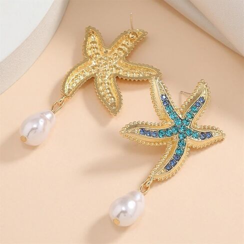 Starfish Earrings for Women, Gold Ocean Beach Dangle Earrings with Baroque Pearl Drop, Summer Vacation Jewelry Gift for Her in Saudi Arabia