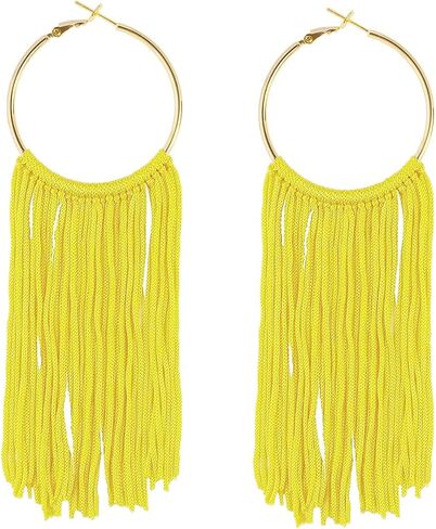 Boho Long Tassel Dangle Earrings for Women Lightweight Circle Hoop Silky Thread Fringe Drop Statemen Earrings in Saudi Arabia