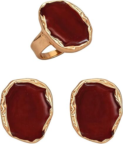Vintage Gold Black Oval Big Chunky Earrings Rings Set, Black and Gold Geometric Earrings Bold Statement Rings Simple Jewelry Accessories in Kuwait