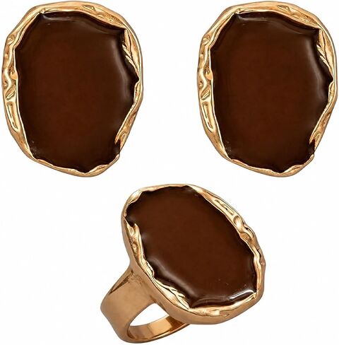 Vintage Gold Black Oval Big Chunky Earrings Rings Set, Black and Gold Geometric Earrings Bold Statement Rings Simple Jewelry Accessories in Kuwait