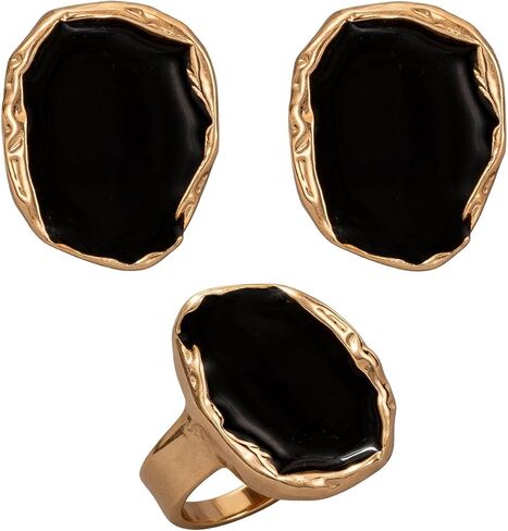Vintage Gold Black Oval Big Chunky Earrings Rings Set, Black and Gold Geometric Earrings Bold Statement Rings Simple Jewelry Accessories in Kuwait