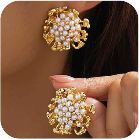 Vintage Beads Pearl Cluster Gold Stud Earrings for Women Unique Exquisite Statement Beaded White Pearls Ball Drop Earring Y2K Prom Party Jewelry Gift in Saudi Arabia