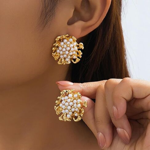 Vintage Beads Pearl Cluster Gold Stud Earrings for Women Unique Exquisite Statement Beaded White Pearls Ball Drop Earring Y2K Prom Party Jewelry Gift in Saudi Arabia