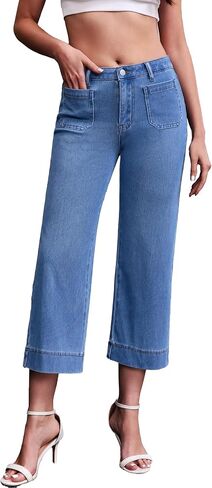Capri Jeans for Women Strechy Wide Leg Jeans Trendy High Waisted Loose Straight Leg Cropped Denim Pants with Pockets in Saudi Arabia