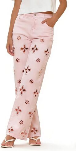 Seltaon Casual Women's High Waisted Jeans Baggy Straight Leg Hollow Out Flower Trendy Denim Pants Streetwear in Saudi Arabia