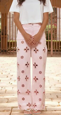 Seltaon Casual Women's High Waisted Jeans Baggy Straight Leg Hollow Out Flower Trendy Denim Pants Streetwear in Saudi Arabia