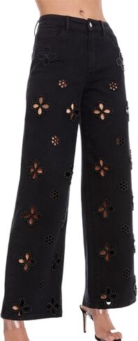 Seltaon Casual Women's High Waisted Jeans Baggy Straight Leg Hollow Out Flower Trendy Denim Pants Streetwear in Saudi Arabia