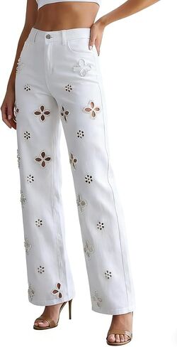 Seltaon Casual Women's High Waisted Jeans Baggy Straight Leg Hollow Out Flower Trendy Denim Pants Streetwear in Saudi Arabia