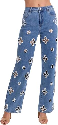 Seltaon Casual Women's High Waisted Jeans Baggy Straight Leg Hollow Out Flower Trendy Denim Pants Streetwear in Saudi Arabia