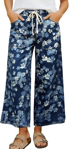 chouyatou Women's Boho Y2K Floral Denim Pants Drawstring Wide Leg Denim Ankle Pant Boyfriend Jeans in Kuwait
