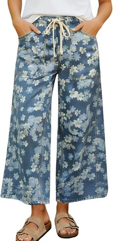 chouyatou Women's Boho Y2K Floral Denim Pants Drawstring Wide Leg Denim Ankle Pant Boyfriend Jeans in Kuwait