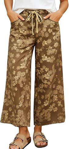 chouyatou Women's Boho Y2K Floral Denim Pants Drawstring Wide Leg Denim Ankle Pant Boyfriend Jeans in Kuwait