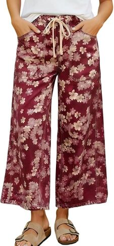 chouyatou Women's Boho Y2K Floral Denim Pants Drawstring Wide Leg Denim Ankle Pant Boyfriend Jeans in Kuwait
