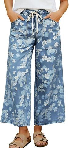 chouyatou Women's Boho Y2K Floral Denim Pants Drawstring Wide Leg Denim Ankle Pant Boyfriend Jeans in Kuwait