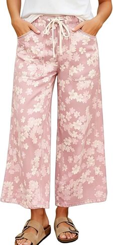 chouyatou Women's Boho Y2K Floral Denim Pants Drawstring Wide Leg Denim Ankle Pant Boyfriend Jeans in Kuwait
