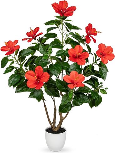 Briful Artificial Hibiscus Tree 2.95ft Tall Real Touch Fake Tree with Red Flowers Potted Faux Plant Indoor Realistic Floor Plants for Front Porch Outdoor Home, Patio Decor in Kuwait