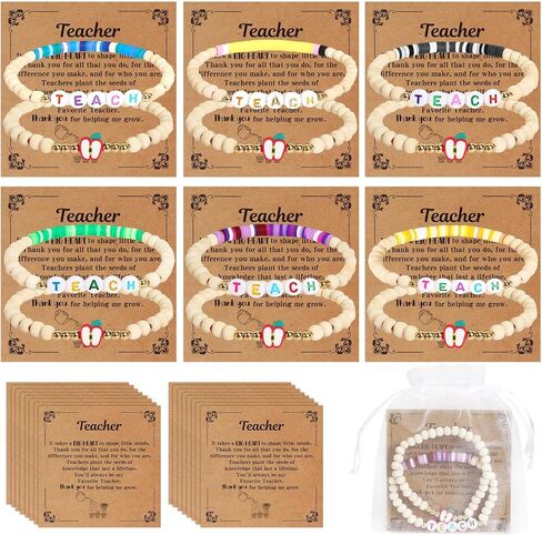 UPINS 6 Sets Teacher Appreciation Bracelets Gifts Set, Wooden Beaded Stretch Bracelets with Thank You Cards for End of The Year Teachers Gifts Christmas Graduation New Year in Kuwait