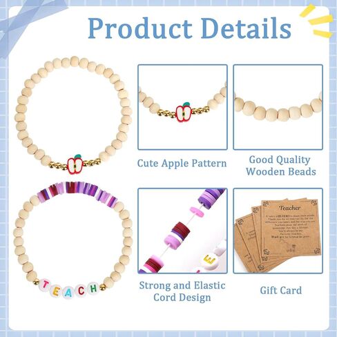 UPINS 6 Sets Teacher Appreciation Bracelets Gifts Set, Wooden Beaded Stretch Bracelets with Thank You Cards for End of The Year Teachers Gifts Christmas Graduation New Year in Kuwait