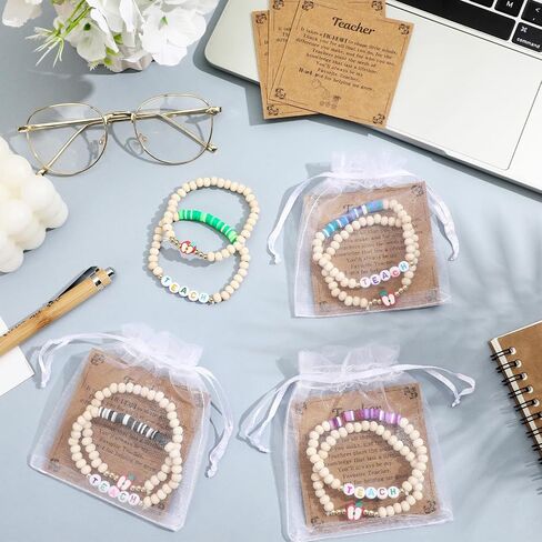 UPINS 6 Sets Teacher Appreciation Bracelets Gifts Set, Wooden Beaded Stretch Bracelets with Thank You Cards for End of The Year Teachers Gifts Christmas Graduation New Year in Kuwait