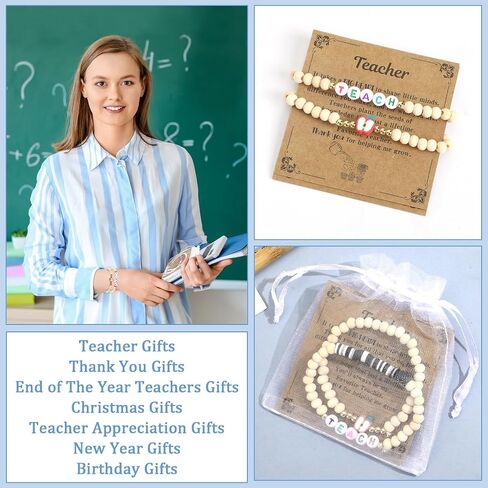 UPINS 6 Sets Teacher Appreciation Bracelets Gifts Set, Wooden Beaded Stretch Bracelets with Thank You Cards for End of The Year Teachers Gifts Christmas Graduation New Year in Kuwait