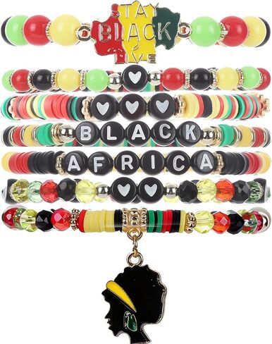 Black American Independence Bracelets, 4 Pcs Handmade Stackable Stretch Bracelets with Card, Happy Juneteenth Clay Celebrate Gifts for Adults Women Holiday Decorations in Saudi Arabia