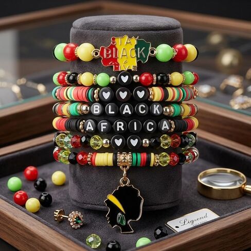 Black American Independence Bracelets, 4 Pcs Handmade Stackable Stretch Bracelets with Card, Happy Juneteenth Clay Celebrate Gifts for Adults Women Holiday Decorations in Saudi Arabia