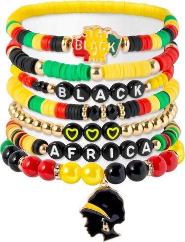 Y1tvei African Black Bracelet Set - 7Pcs Africa Stay Live Heart Charm Clay Beaded Stretch Bracelet Juneteenth Freedom Day Party Favor Gift Black History Month Friendship Chains Jewelry for Women Decor in Saudi Arabia