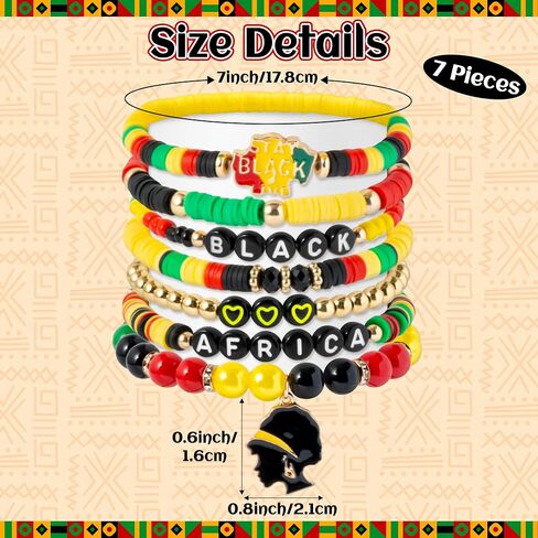 Y1tvei African Black Bracelet Set - 7Pcs Africa Stay Live Heart Charm Clay Beaded Stretch Bracelet Juneteenth Freedom Day Party Favor Gift Black History Month Friendship Chains Jewelry for Women Decor in Saudi Arabia