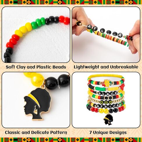 Y1tvei African Black Bracelet Set - 7Pcs Africa Stay Live Heart Charm Clay Beaded Stretch Bracelet Juneteenth Freedom Day Party Favor Gift Black History Month Friendship Chains Jewelry for Women Decor in Saudi Arabia