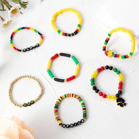 Y1tvei African Black Bracelet Set - 7Pcs Africa Stay Live Heart Charm Clay Beaded Stretch Bracelet Juneteenth Freedom Day Party Favor Gift Black History Month Friendship Chains Jewelry for Women Decor in Saudi Arabia