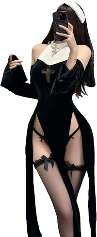Women Lingerie Dress Goth Off Shoulder Hollow Out High Split Sexy Nun Outfit Fancy Naughty Adult Halloween Costumes in Kuwait