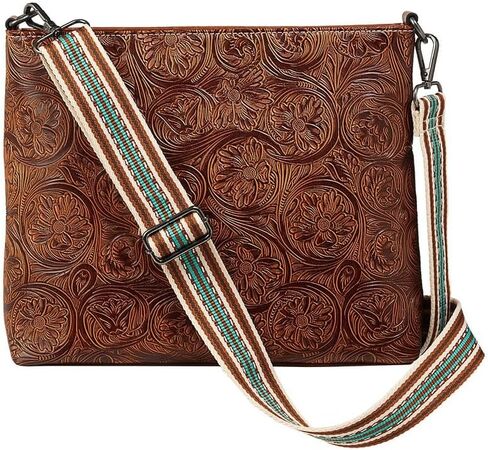 Nocona Women's Amelia Style Crossbody Bag with Floral Embossing, Adjustable Strap, Brown in Kuwait